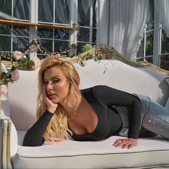 Bodysuits Sexy Ribbed Long Sleeve Square Neck One Piece Bodysuit - Picture 1 of 12